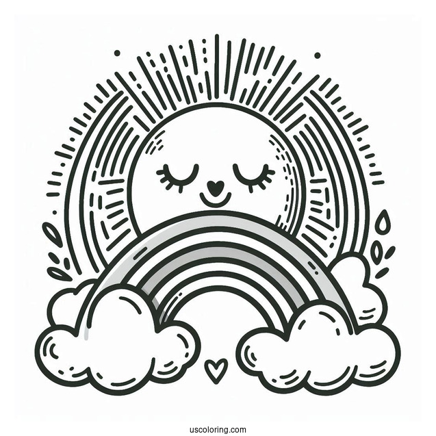 Large Sun With Rainbow And Clouds To Color