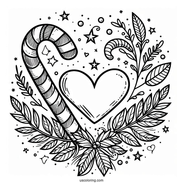 Love Heart Candy Cane Coloring Page With Laurels And Stars