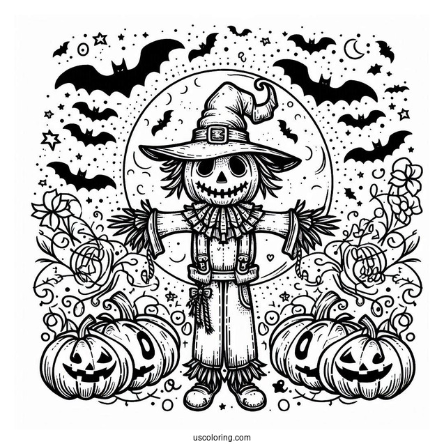 Scary Scarecrow Coloring Page Surrounded By Jack O Lanterns And Bats