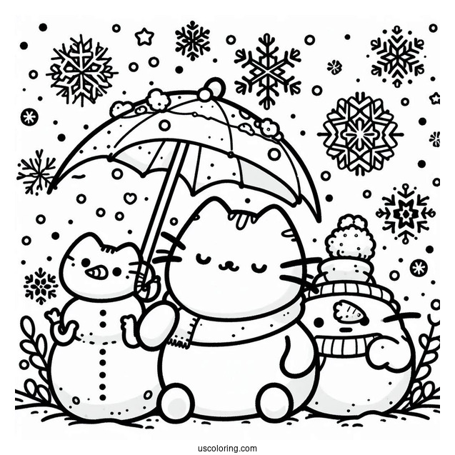 Snowflake Coloring Page Falling On Pusheen, Stormy, And Snowman