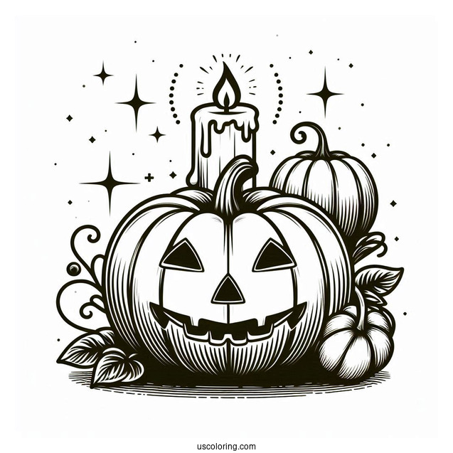 Pumpkin Coloring Page Of Lit Candle Above A Jack O Lantern