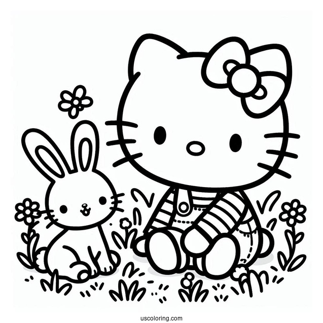 Hello Kitty Sitting On The Grass With A Rabbit Coloring Page For Kids