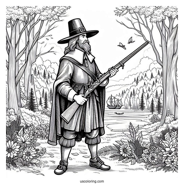 Pilgrim Coloring Page Holding A Musket In The Forest