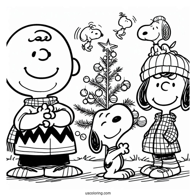 Charlie Brown And Snoopy With Christmas Tree To Color