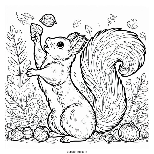 Squirrel Coloring Page Reaching Up For Nuts In Autumn