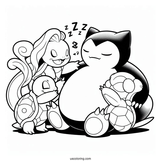 Squirtle And Lilligant Fighting On Stop Of Sleeping Snorlax Coloring Page