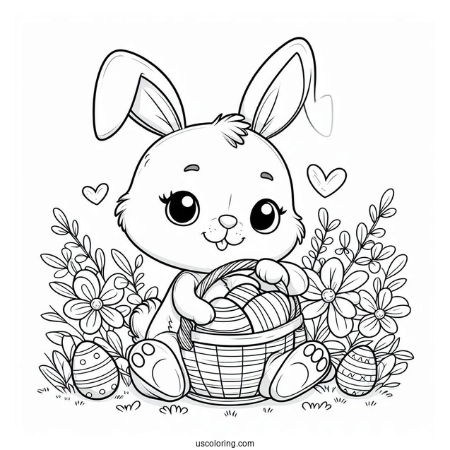 Easter Bunny Coloring Page Cartoon Carrying Basket Of Eggs