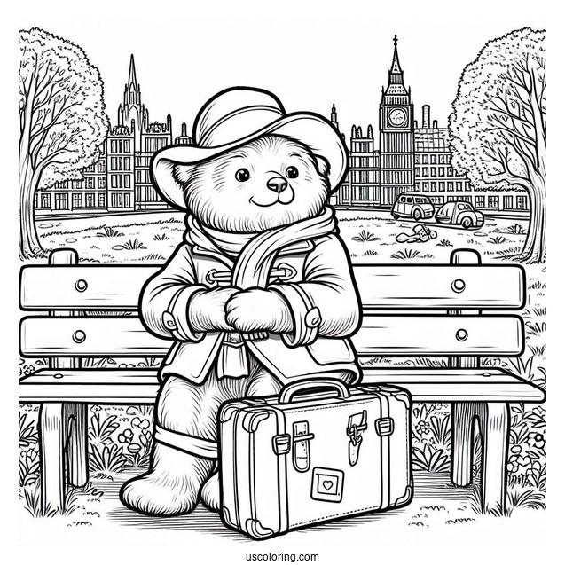 Simple Paddington Coloring Page Sitting On His Suitcase In The Park For Preschoolers