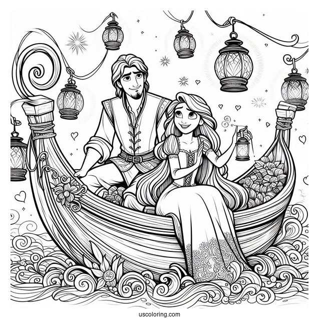 Rapunzel And Eugene In Boat With Lanterns To Color