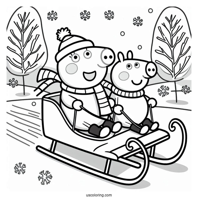 George Pig Riding Sleigh In Winter To Color
