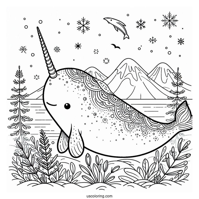 Detailed Narwhal Coloring Page In The Arctic To Color