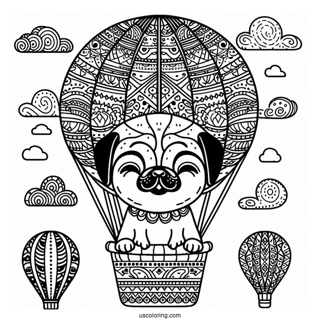 Pug Coloring Page in Patterned Hot Air Balloon for Kids