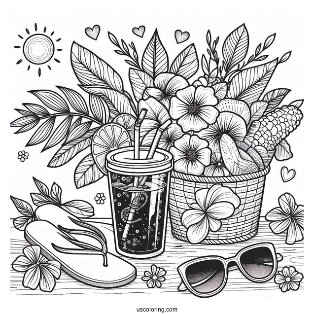 Summer Coloring Page Of Drink, Flowers, Sunglasses, And Flip Flops