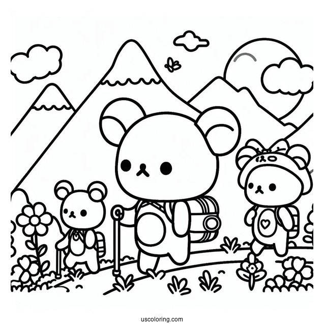 Rilakkuma Coloring Page Hiking With Kiiroitoiri, Korilakkuma, And Chairoikoguma