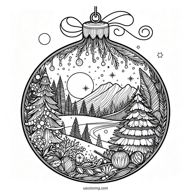 Detailed Winter Landscape Inside Bauble Christmas Ornaments Coloring Page