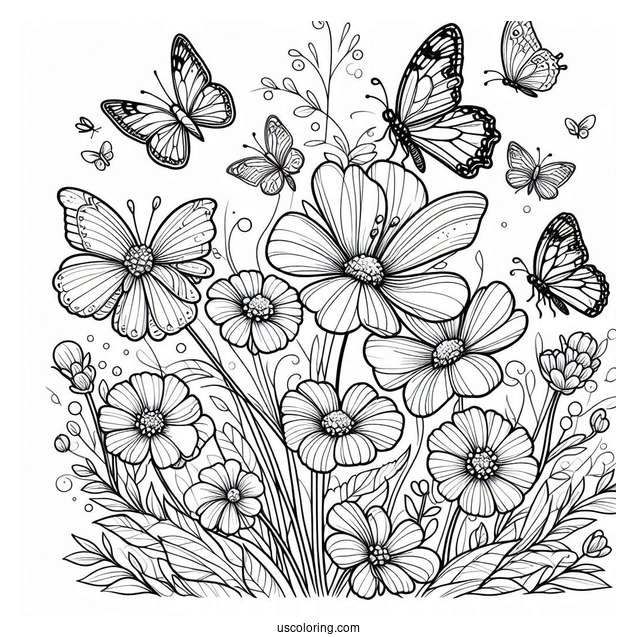 Several Butterflies Enjoying A Flower Field Coloring Page