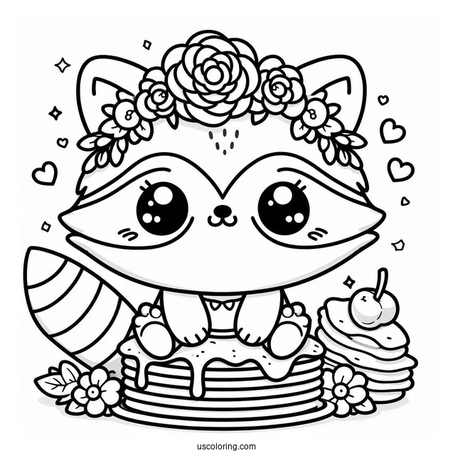 Kawaii Raccoon Coloring Page With Flower Crown And Pancake For Kids