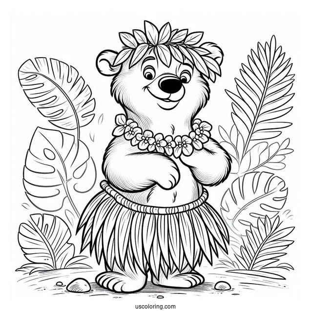 Jungle Book Coloring Page Of Balooo Wearing Hula Skirt And Leaf Headdress For Kids