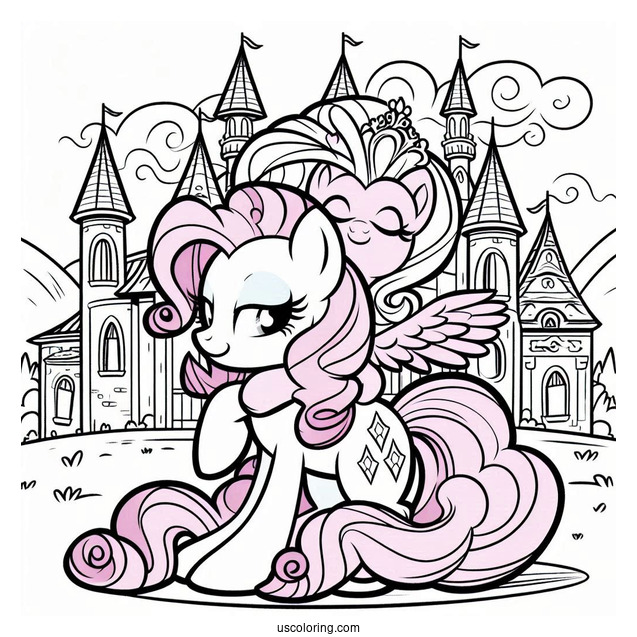 Pinkie Pie Hugging Rarity Coloring Page In Front Of A Castle
