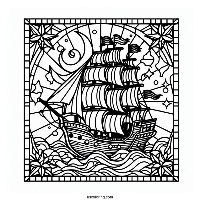 Detailed Pirate Ship Coloring Page Stained Glass