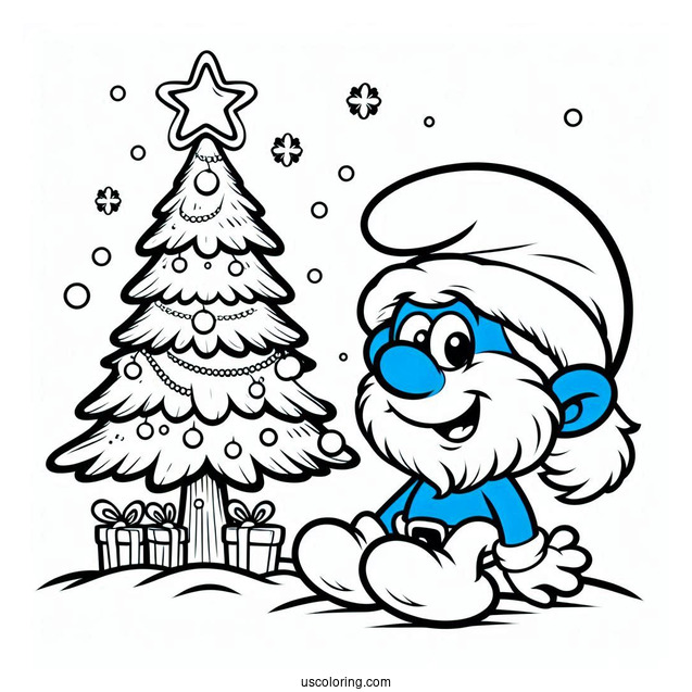 Santa Smurf Beside Christmas Tree Coloring In