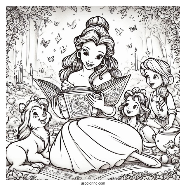Coloring Page Of Belle Reading To Her Enchanted Friends