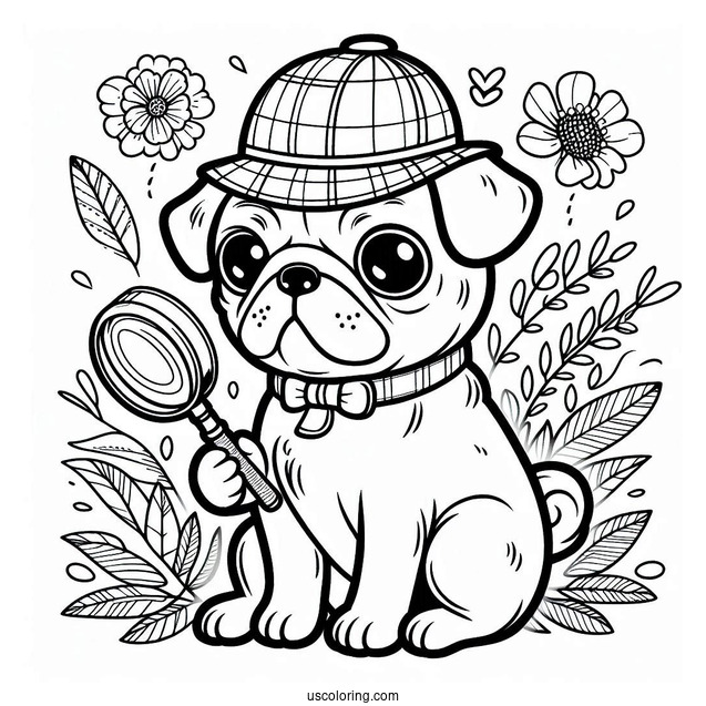 Detective Pug Coloring Page with Magnifying Glass