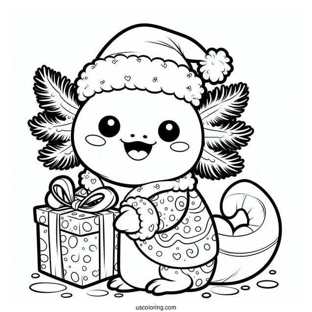 Axolotl Coloring Page In Santa Costume Holding A Present