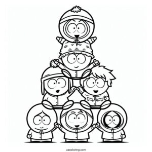 South Park Coloring Page Of Kenny, Kyle, Stan, Tolkein, Eric, And Butters Forming Pyramid