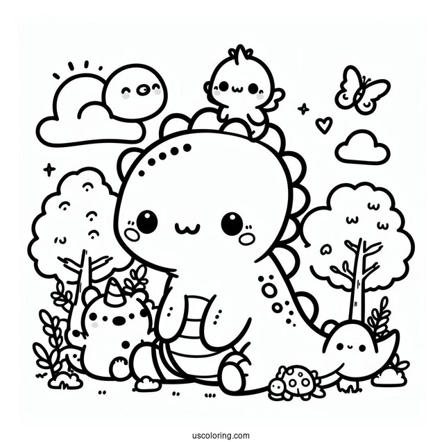 Kawaii Dinosaur With Little Animals On Its Back Coloring Page