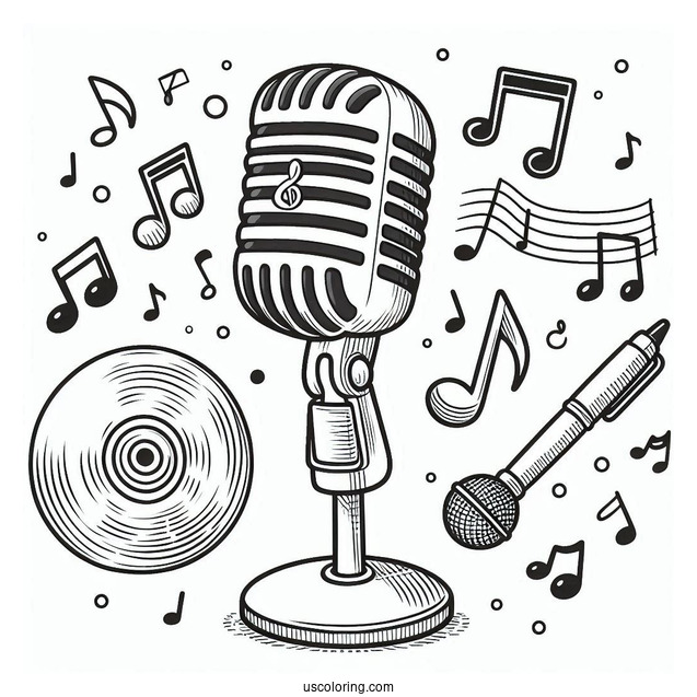 Music Coloring Page Of Retro Microphone, CD, And Musical Note For Preschoolers