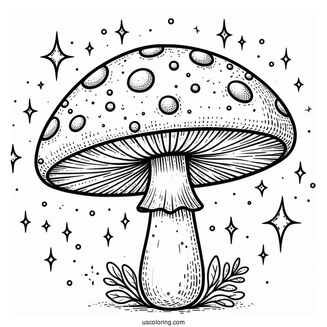 Mushroom Coloring Page With Spotted Cap And Sparkly Background