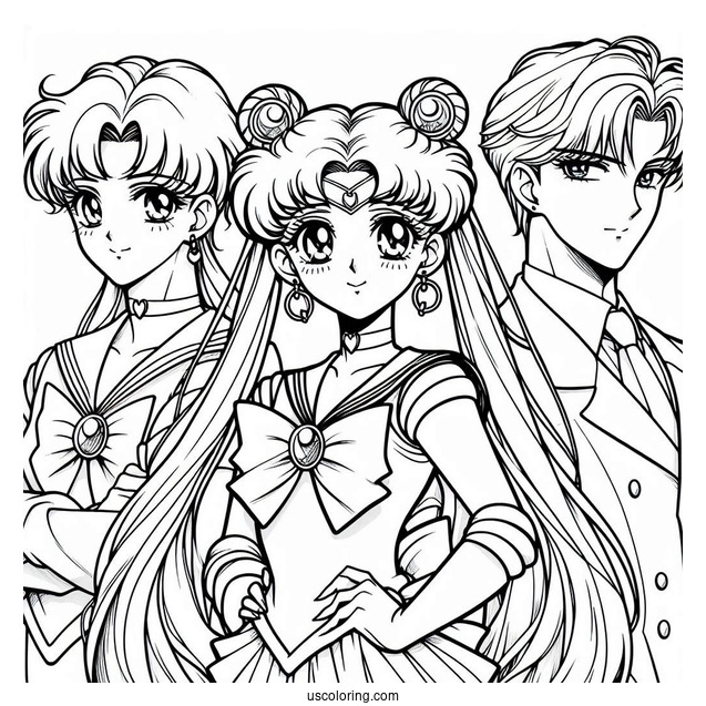 Sailor Moon, Tuxedo Mask, and Chibusa Coloring In