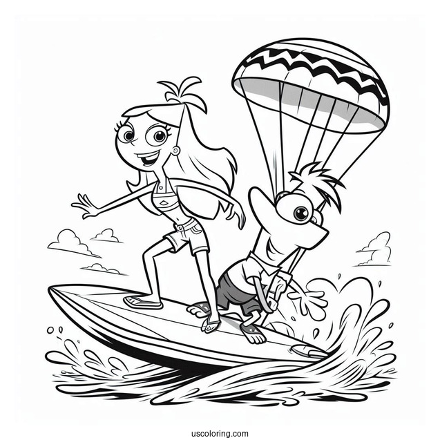 Phineas And Ferb Coloring Page And Candace Surfing With Perry The Platypus On A Parachute
