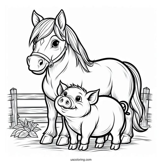 Big Farm Pig With Horse To Color