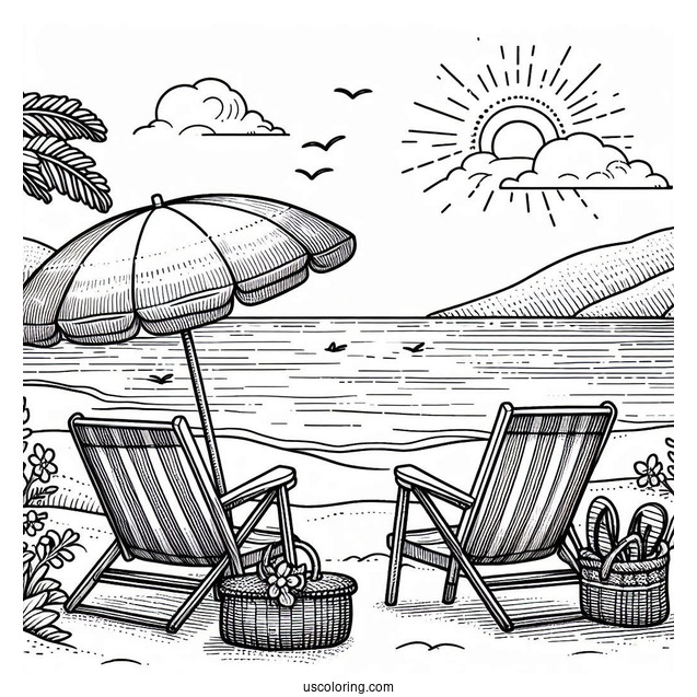 Beach Coloring Page Chair And Umbrella Facing The Sea
