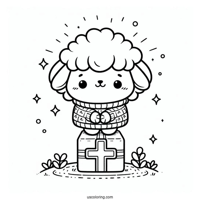 Kawaii Sheep In Sweater Leaning Over A Small Cross Coloring Page For Kids