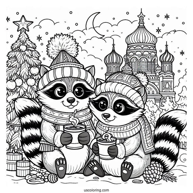 Christmas Coloring Pages For Adults Of Cartoon Racoons Sharing Hot Beverage In Front Of Christmas Tree And Cathedral