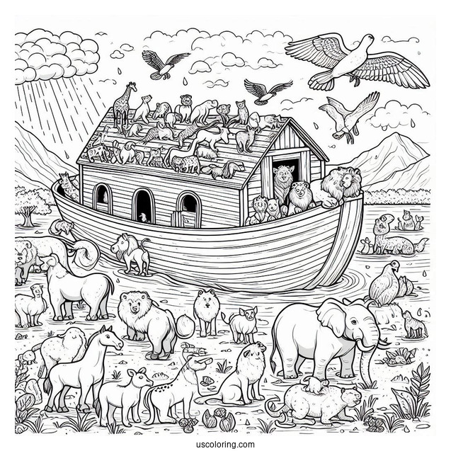 Noah's Ark Coloring Page Of Animals On The Ark During The Flood