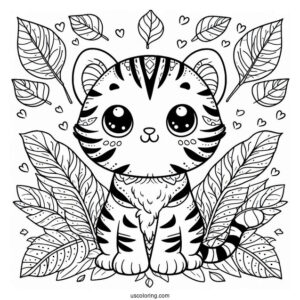 Tiny Tiger On Leaves Pattern Coloring Page