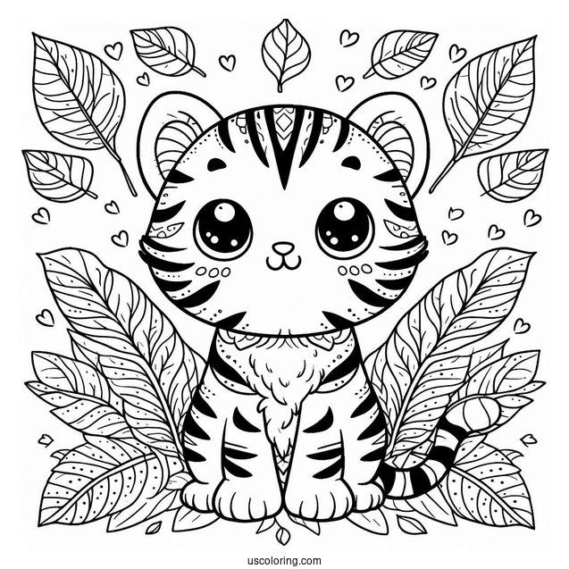 Tiny Tiger On Leaves Pattern Coloring Page