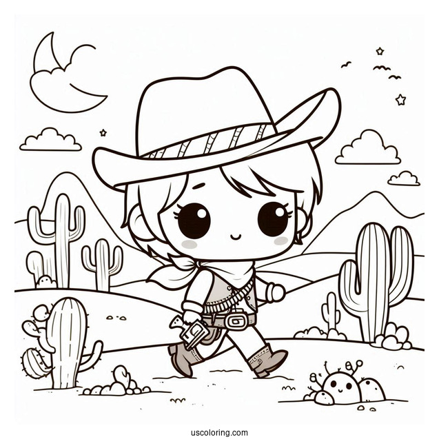 Adorable Little Cowboy Coloring Page In The Desert