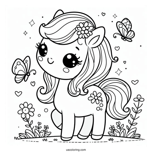Cute Kawaii Horse With Butterfly To Color