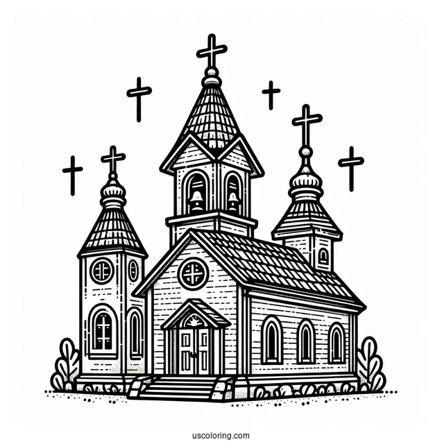 Simple Church Coloring Page With Crosses And Bells For Kids