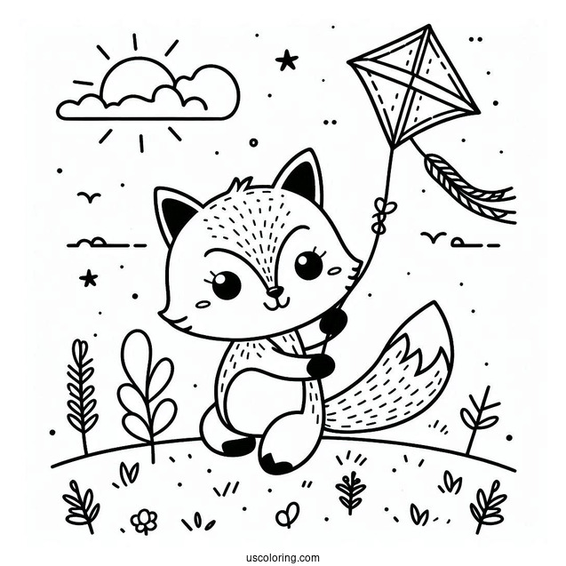 Small Fox Flying A Kite Coloring Page For Preschoolers