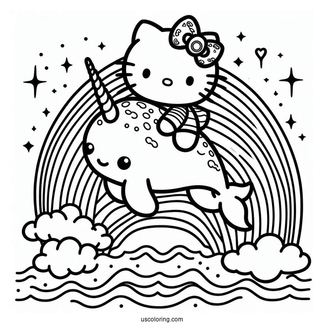 Hello Kitty Riding A Narwhal Coloring Page Over The Rainbow