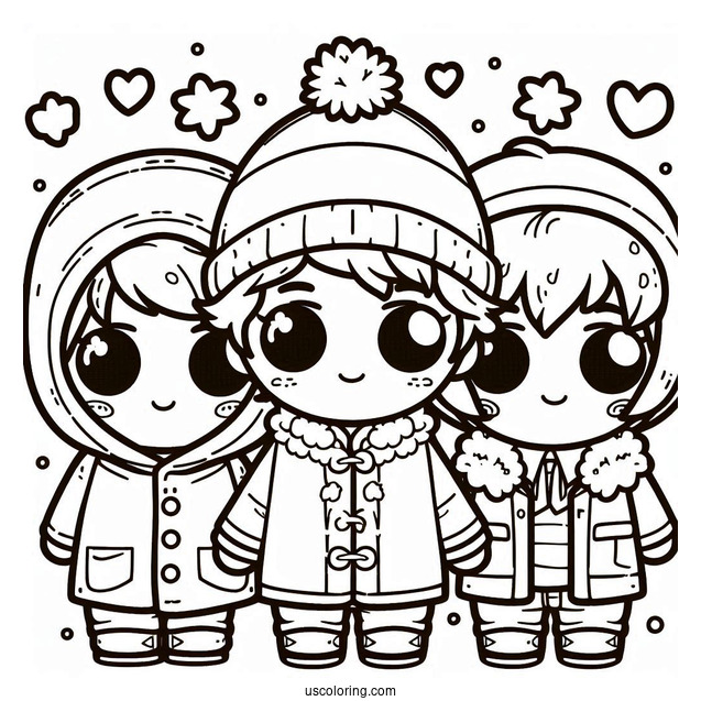 South Park Coloring Page Of Kawaii Kenny, Kyle, Eric, And Stan For Kids