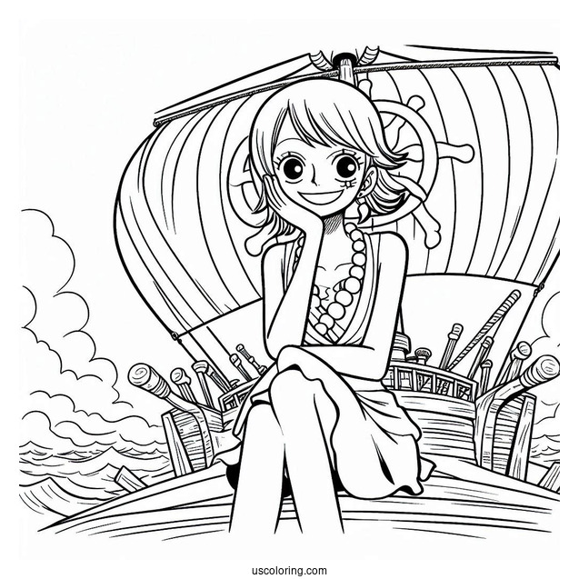 One Piece Coloring Page Of Smiling Nami On Pirate Ship
