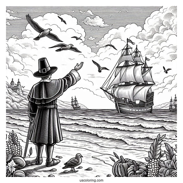 Realistic Pilgrim Coloring Page On The Shore With Ship In The Background