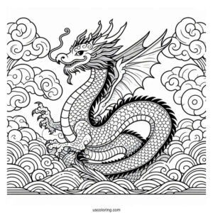 Mushu Dragon With Cloudy Sky Background Coloring Page For Kids